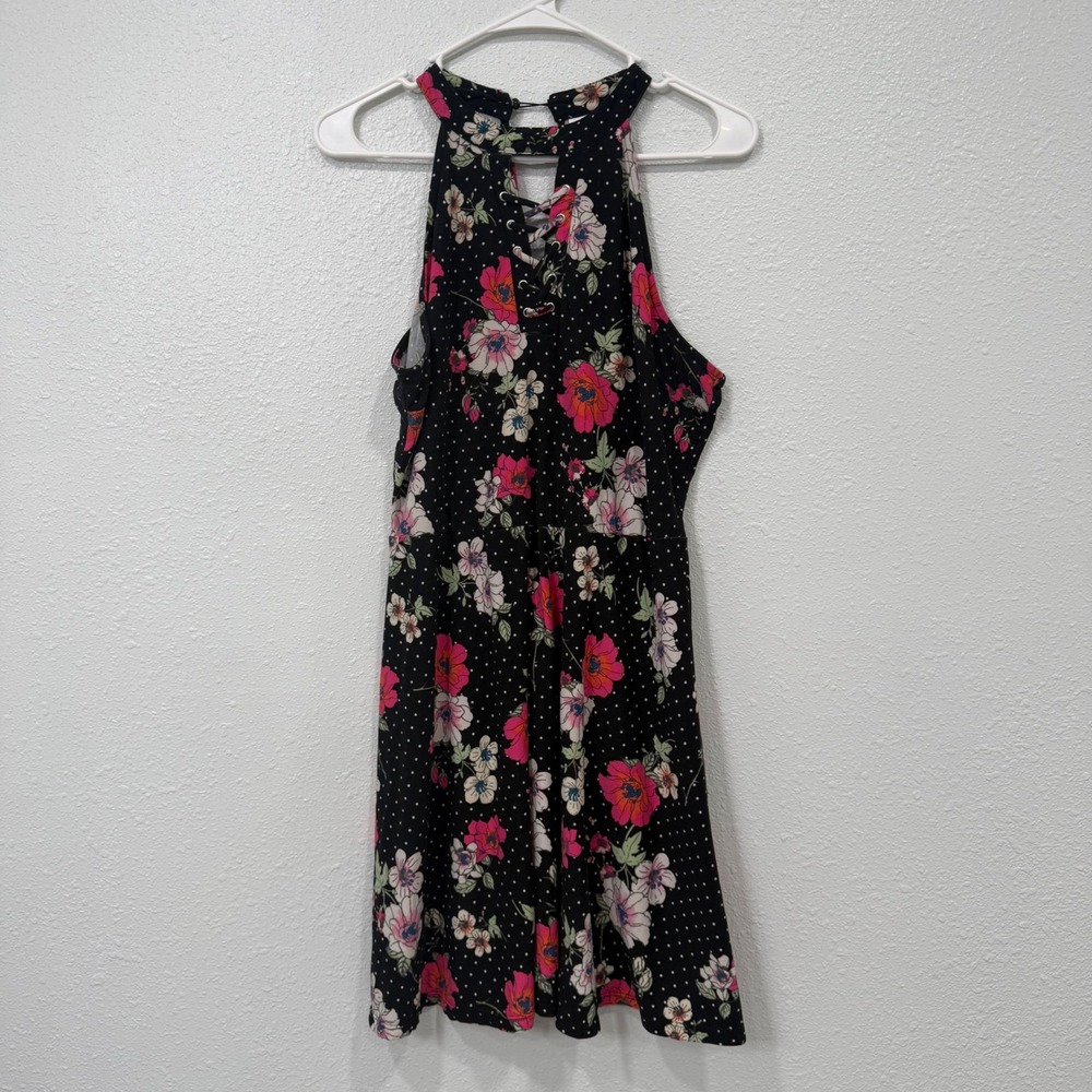 No Boundaries Floral Polka Dot Halter Dress Black XL 15-17 Lace Up Neck